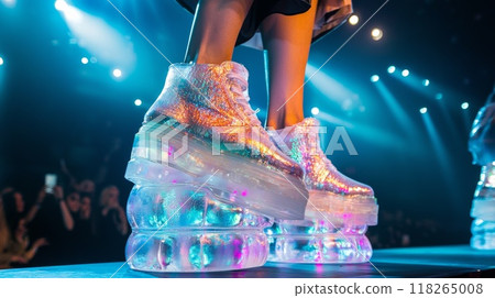 Futuristic Iridescent Platform Shoes on Runway at Fashion Show with Neon Lights 118265008