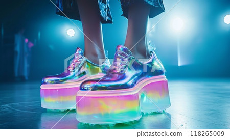 Neon Holographic Platform Sneakers on Stage with Blue and Purple Lighting 118265009