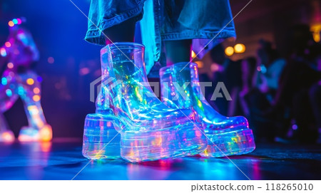 Colorful Holographic Platform Boots on Dance Floor at Nightclub Party 118265010