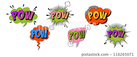 Collection of speech bubbles in trendy retro style. Comic sound effects. POW text Collection of speech bubbles in trendy retro style. Comic sound effects. POW text 118265071