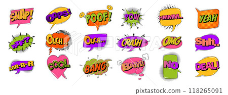 Explosion speech bubbles with text in trendy retro style. Comic sound effects Explosion speech bubbles with text in trendy retro style. Comic sound effects 118265091