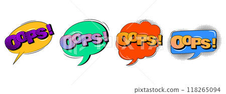 Comic speech bubble with different text in trendy retro style. Oops text. Comic speech bubble with different text in trendy retro style. Oops text. 118265094