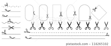 Cut lines and geometric shapes with scissors. Vector design elements 118265102