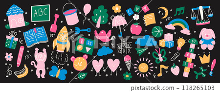 Colorful daycare hand drawn elements. Rocket, hopscotch, toys, book, balloon, house, fruits and other elements. 118265103