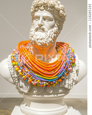 Classical Marble Bust with Modern Colorful Bead Necklace in Gallery Lighting 118265191