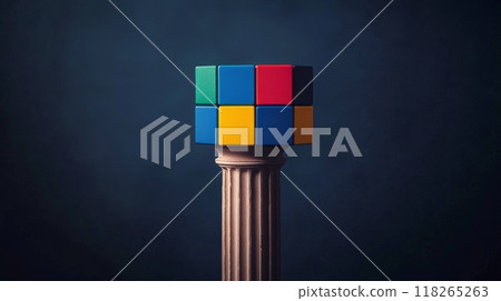 Colorful Cube on Pedestal. Symbol of Logic, Strategy, and Achievement Colorful Cube on Pedestal. Symbol of Logic, Strategy, and Achievement 118265263