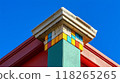 Colorful Architectural Column Against Clear Blue Sky with Geometric Patterns and Contrasting Colors 118265265
