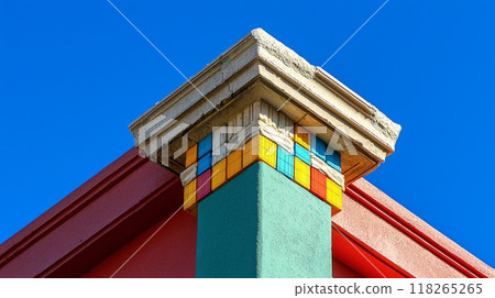 Colorful Architectural Column Against Clear Blue Sky with Geometric Patterns and Contrasting Colors Colorful Architectural Column Against Clear Blue Sky with Geometric Patterns and Contrasting Colors 118265265
