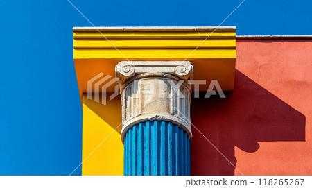 Colorful Architectural Elements. Blue Greek Column, Yellow and Red Wall Against Clear Blue Sky 118265267