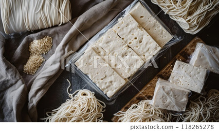 Homemade tofu noodles on rustic background Homemade tofu noodles on rustic background 118265278