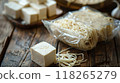 Tofu noodles on rustic wooden background. 118265279