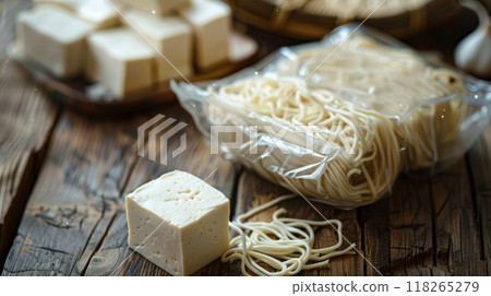 Tofu noodles on rustic wooden background. Tofu noodles on rustic wooden background. 118265279
