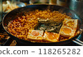 Korean style instant noodle in pan with egg yolk and tofu 118265282
