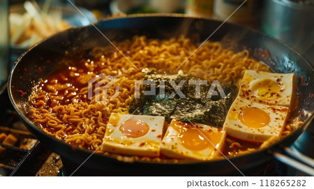 Korean style instant noodle in pan with egg yolk and tofu Korean style instant noodle in pan with egg yolk and tofu 118265282