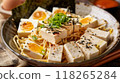 Japanese ramen noodle with tofu and egg on wooden table 118265284