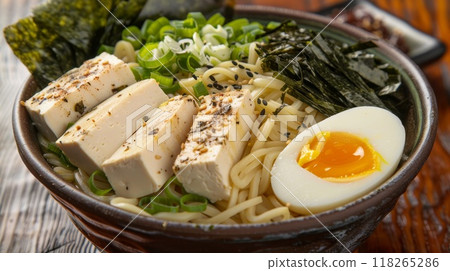 Japanese ramen noodle soup with tofu, seaweed and egg 118265286