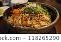Japanese food, tofu noodles in bowl on wooden table 118265290