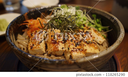 Japanese food, tofu noodles in bowl on wooden table 118265290