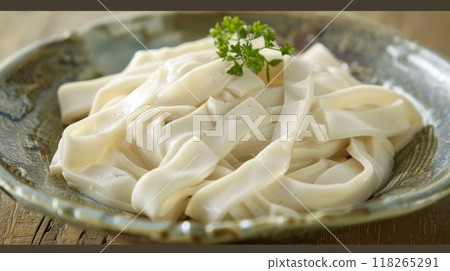 Japanese tofu noodle on wooden table. Japanese tofu noodle on wooden table. 118265291