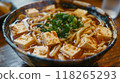 Japanese miso udon noodle with tofu in bowl on wooden table 118265293