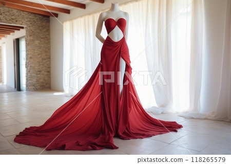Striking Red Evening Gown on Mannequin in Sunlit Room with Dramatic Silhouette 118265579