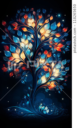 Vibrant tree with glowing leaves in abstract digital art, ideal for nature-themed designs and mystical concepts. 118265650
