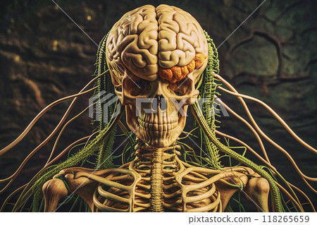 Human skeleton with brain and branching stems coming from the head 118265659