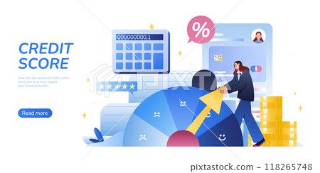 Flat businesswoman try to improve credit score, pull speedometer arrow from bad to good level of creditworthiness 118265748