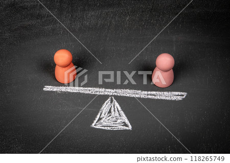 Equal communication concept. Wooden human figures on a chalkboard background 118265749