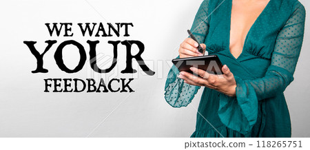 We want your feedback. Beautiful woman with a tablet on a white background 118265751