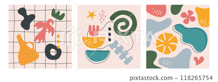 Modern cards with abstract organic elements, nature shapes and naive art forms Modern cards with abstract organic elements, nature shapes and naive art forms 118265754