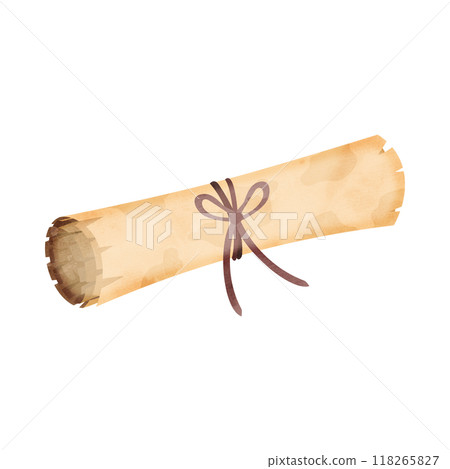 A scroll of parchment sealed with string. Watercolor illustration. A scroll of parchment sealed with string. Watercolor illustration. 118265827