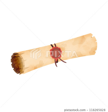 A tattered parchment scroll sealed with sealing wax. Watercolor style illustration. 118265828