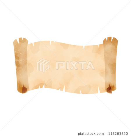 An unfolded scroll of tattered parchment. Watercolor style illustration. 118265830