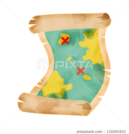 畫在舊羊皮紙上的藏寶圖。水彩風格插圖。 118265832