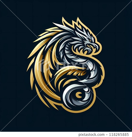 Gold and silver dragon logo mascot isolated on black background  118265885