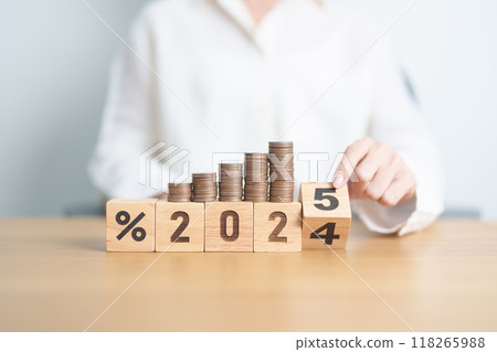 2024 to 2025 New year with percentage with coin stack. Interest rate, GDP, stocks market, financial, deflation and Inflation, mortgage, debt, Loan and Economic Recession 118265988
