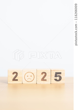 Happy New Year 2025 with Sad face block. Satisfaction, feedback, Review, mental health, eco sustainable and bad year concept Happy New Year 2025 with Sad face block. Satisfaction, feedback, Review, mental health, eco sustainable and bad year concept 118266009