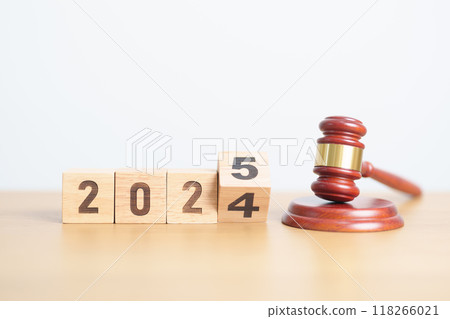 2024 end year to Happy New Year 2025 with judge gavel on table. Law, lawyer, judgment, justice auction and bidding concept 118266021