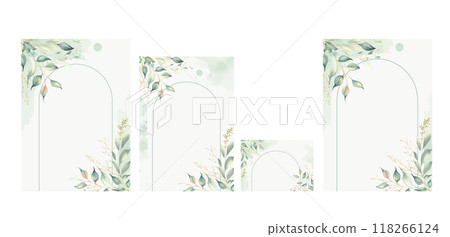 Greenery wedding invitation card template with watercolor leaves. 118266124