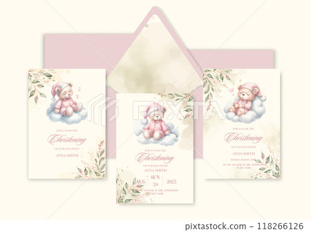 Baptism, Christening, First Holy Communion Confirmation Invitation Template with plush toy bear sleep on cloud. Baptism, Christening, First Holy Communion Confirmation Invitation Template with plush toy bear sleep on cloud. 118266126