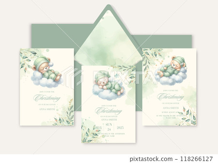 Baptism, Christening, First Holy Communion Confirmation Invitation Template with plush toy bear sleep on cloud. 118266127