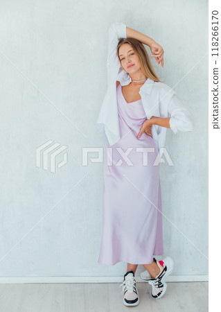 Beautiful fashion blonde woman in summer silk dress 118266170