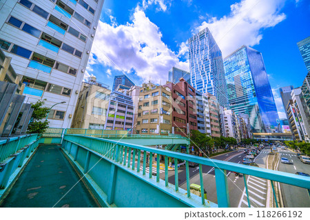 日本東京城市景觀 一座有步行橋的城市。澀谷三丁目人行天橋。後面的澀谷溪等 = 11 日本東京城市景觀 一座有步行橋的城市。澀谷三丁目人行天橋。後面的澀谷溪等 = 11 118266192