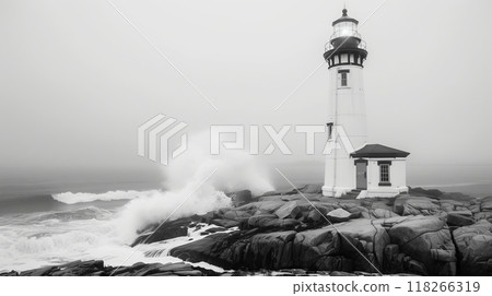 A solitary lighthouse stands tall on a rocky shore, guiding lost souls and offering hope to mariners. 118266319