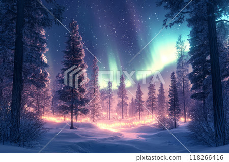 Northern lights illuminating a forest, with the sky filled with stars 118266416