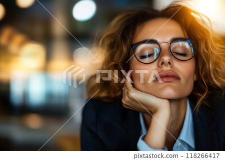 Tired businesswoman rests with her eyes closed, taking a break in a modern office setting Tired businesswoman rests with her eyes closed, taking a break in a modern office setting 118266417