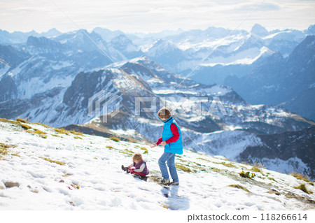 Family with kids hiking in the mountains Family with kids hiking in the mountains 118266614