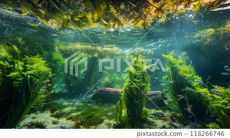 A surreal underwater garden with medicinal seaweeds, glowing algae, and playful fish among the coral. A surreal underwater garden with medicinal seaweeds, glowing algae, and playful fish among the coral. 118266746
