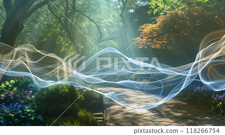 Energy waves flow through a serene garden, fostering holistic healing, peace, and rejuvenation. 118266754